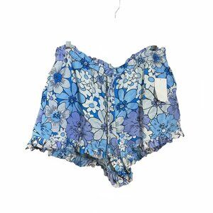 Free People Floral Ruffle Hem Shorts BlueWhite Purple Boho Drawstring Waist SZ:M
